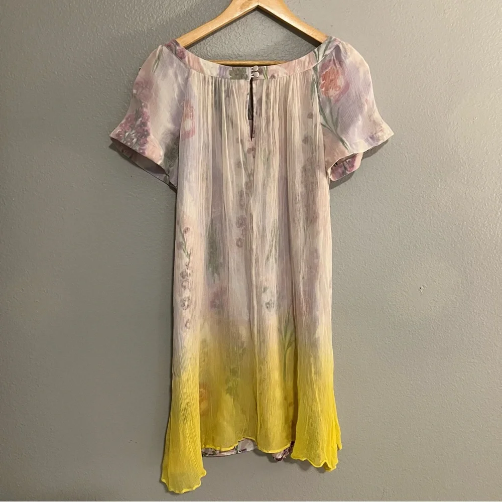 Anthropologie HD Pink And Yellow Floral In Paris Dipped Chroma Swing Dress 8 - Picture 8 of 11